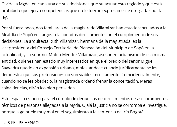 MMMaldonadoC's tweet photo. Copio la columna completa de Luis Felipe Henao, exministro de vivienda,  sobre la magistrada Nelly Villamizar, a la que ella hizo referencia esta mañana en la audiencia sobre los Lineamientos para la Sabana de Bogotá. Columna disponible al público en https://t.co/1REpUnZV9m https://t.co/6yTSuorlKm