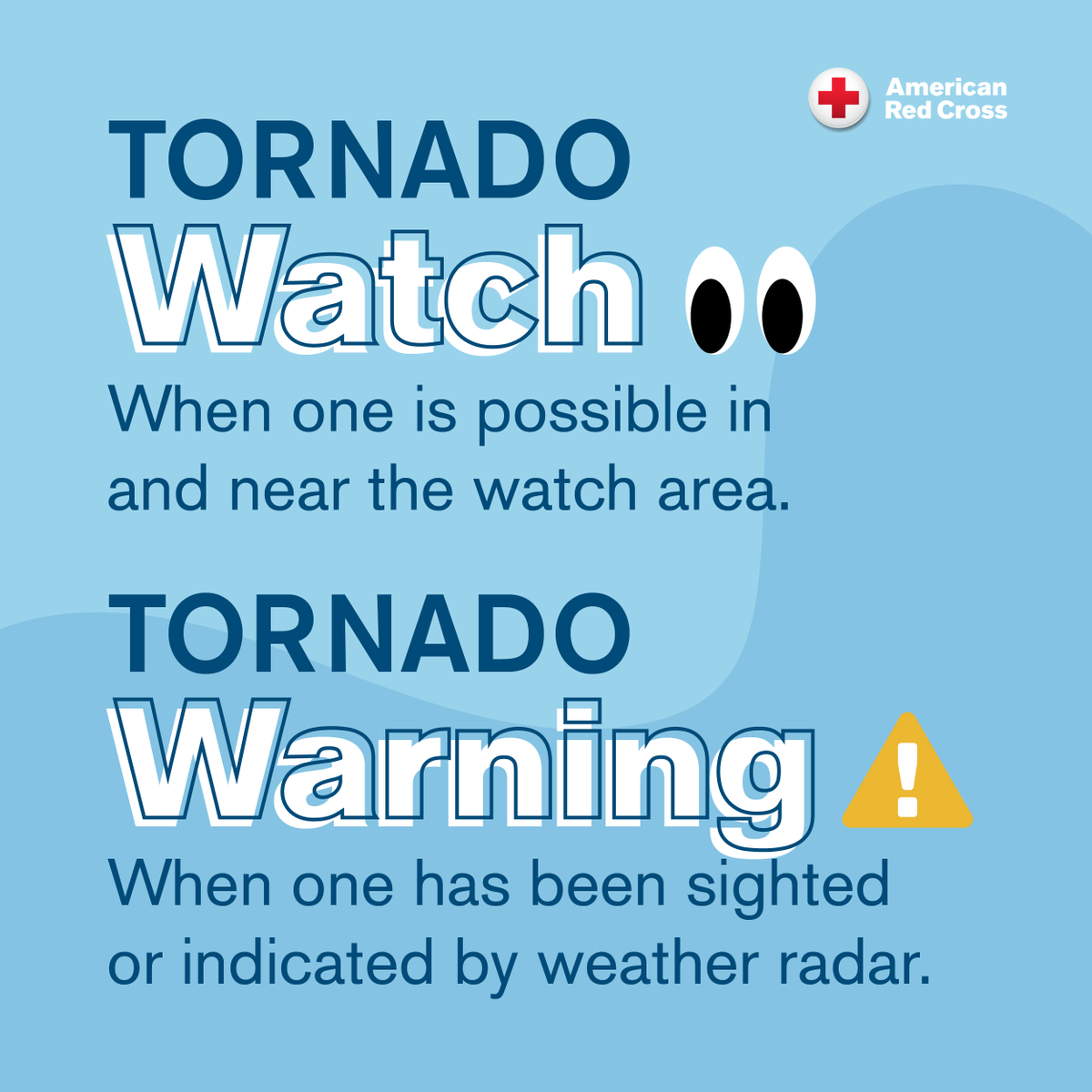 As severe weather moves across the state, stay weather-aware!

Tornado Watch = all the ingredients are present for a tornado to form
Tornado Warning = a tornado has been sighted or indicated by radar

Follow local media and National Weather Service for the latest weather updates