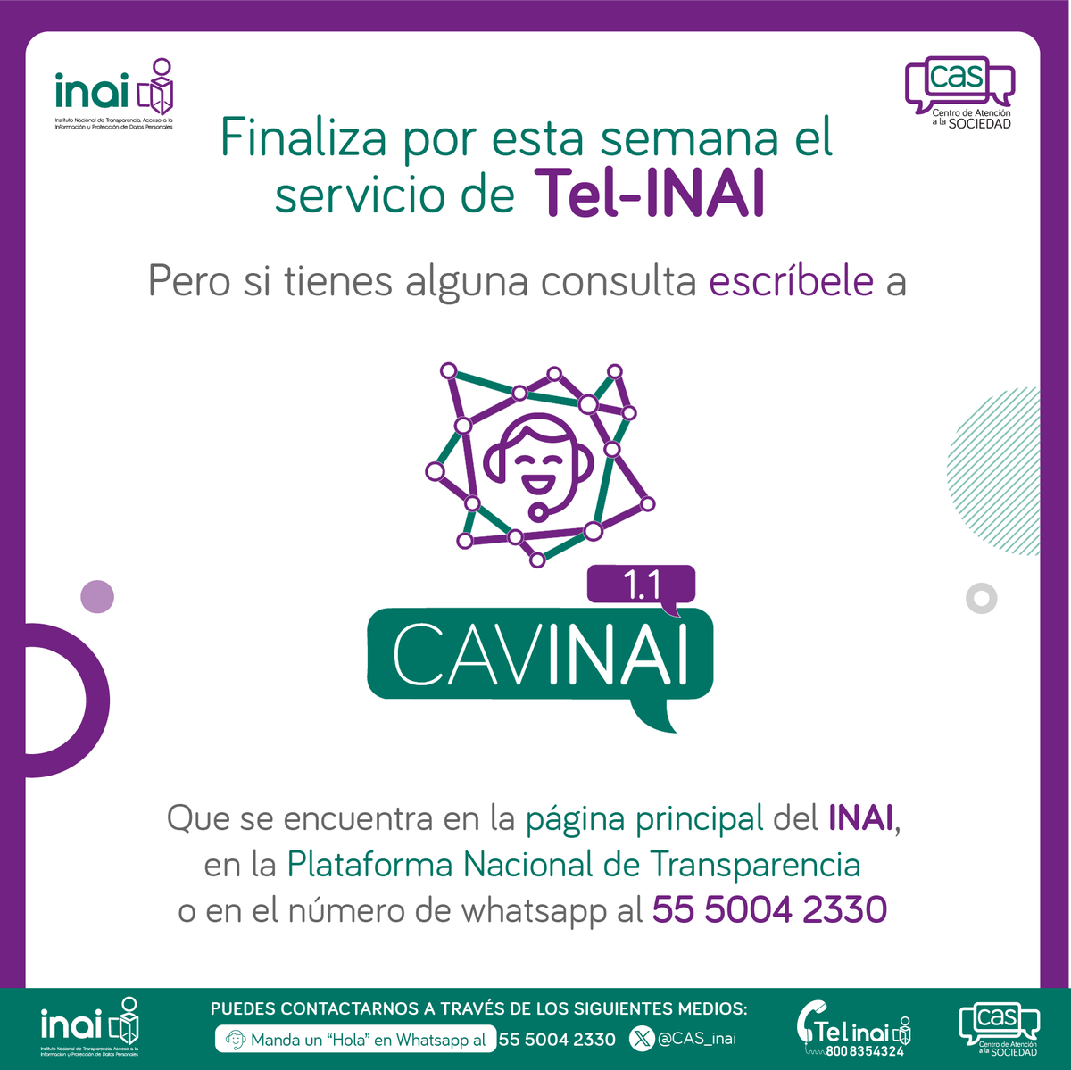 cas_inai's tweet photo. 🕒 ¡Concluimos operación telefónica y presencial por esta semana! 🕒

👉Si necesitas hacernos una consulta, podrás enviarla a #CAVINAI1_1 🤖

📅 L a J de 9 a 18 horas y V de 9 a 15 horas 📅 

#UnCASparaTi https://t.co/LCLdOgdrQw