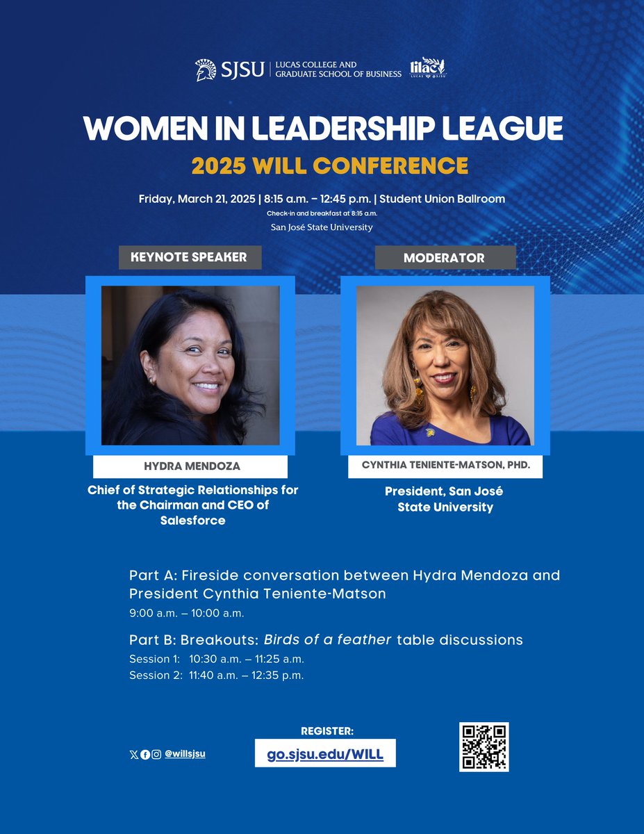Join us on 3/21 for our 8th annual #SJSU Women in Leadership League (WILL) Conference. This conference brings together top #SiliconValley leaders, alumni, &amp; students from all disciplines. Visit go.sjsu.edu/WILL to register today! 💙

#sjsubusiness #WHM #WILLsjsu
