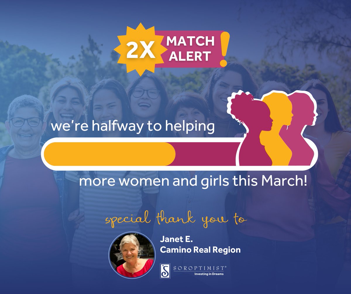 Thanks to our incredible donors, we're halfway to meeting our match this March! 💖

There's still time to join Janet's match challenge and help us cross the finish line! Make your gift in honor of International Women's Day. Give today! blog.soroptimist.org/givingback