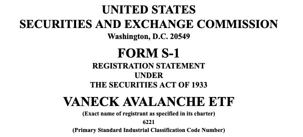 LeJournalDuCoin's tweet image. 🚨 VanEck dépose un formulaire S-1 auprès de la SEC pour lancer un ETF Avalanche (AVAX).