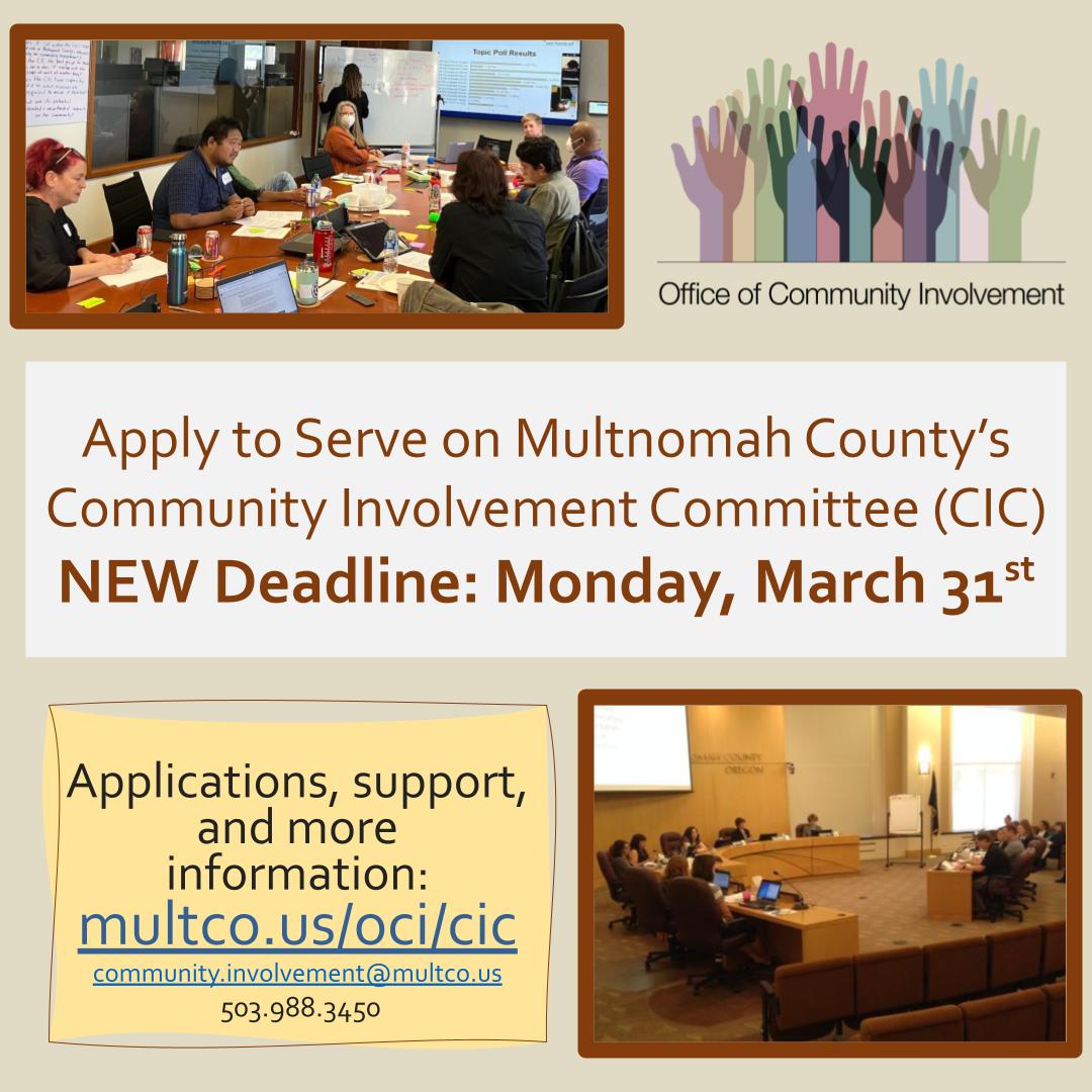 MultCoOCI's tweet image. Need more time to apply for the Community Involvement Committee? It is your lucky day- applications will now be accepted until Monday, March 31st! Submit your application today!
Learn more: multco.us/info/apply-com…
and apply online: bttr.im/a6vcf