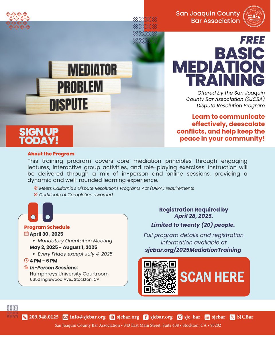 Are you interested in learning how to effectively communicate, deescalate conflicts, &amp; promote peace in your community? #SJCBA Dispute Resolution Program is offering a FREE Basic Mediation Training. More info at sjcbar.org/2025MediationT….

#SJCBAR #SJCBADRP #BasicMediationTraining
