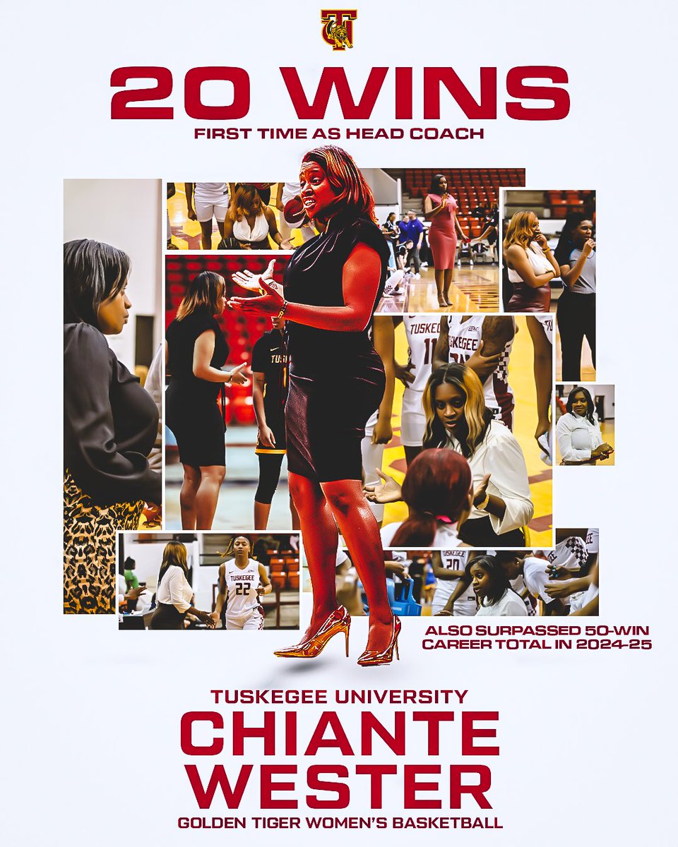 HC Chiante Wester continues to shine! In the 2024-25 season, she not only led the program to her first 20-win season as a head coach, but also surpassed 50 career wins. A season of milestones for Coach Wester and the Golden Tigers! 

#SkegeeWBB l #MyTUAthletics l #50CareerWins