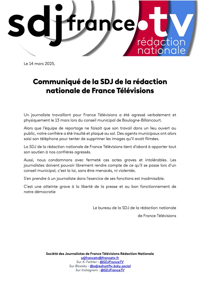 SDJFranceTV's tweet image. Communiqué suite à l'agression de notre confrère hier soir, lors du conseil municipal de Boulogne-Billancourt ⬇️