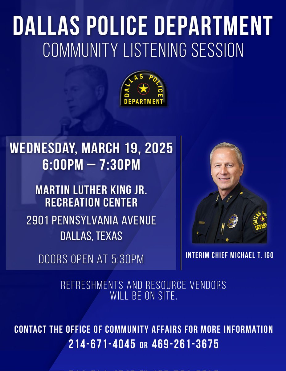 Join us for a Community Listening Session with Interim Chief Michael T. Igo at the Martin Luther King Jr Recreation Center on Wednesday March 19th from 6:00pm-7:30pm. Doors open at 5:30pm. We hope to see you there.