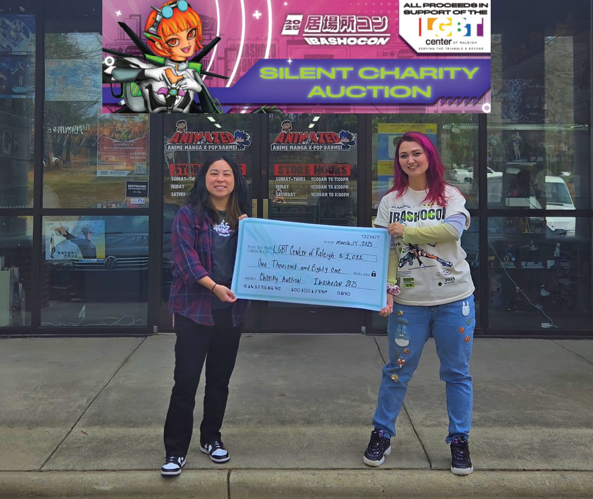 🌟Thank You for An-Amazing #IbashoCon 2025 Silent Charity Auction!🌟

We are overjoyed to announce that, thanks to your incredible generosity, we raised $1,085 for the LGBT Center of Raleigh!

A heartfelt thank you to everyone who stopped by, donated, or contributed in any way.