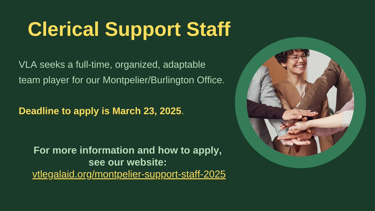 WE ARE HIRING!
Join our team of legal professionals in rewarding work and supporting low-income Vermonters!
