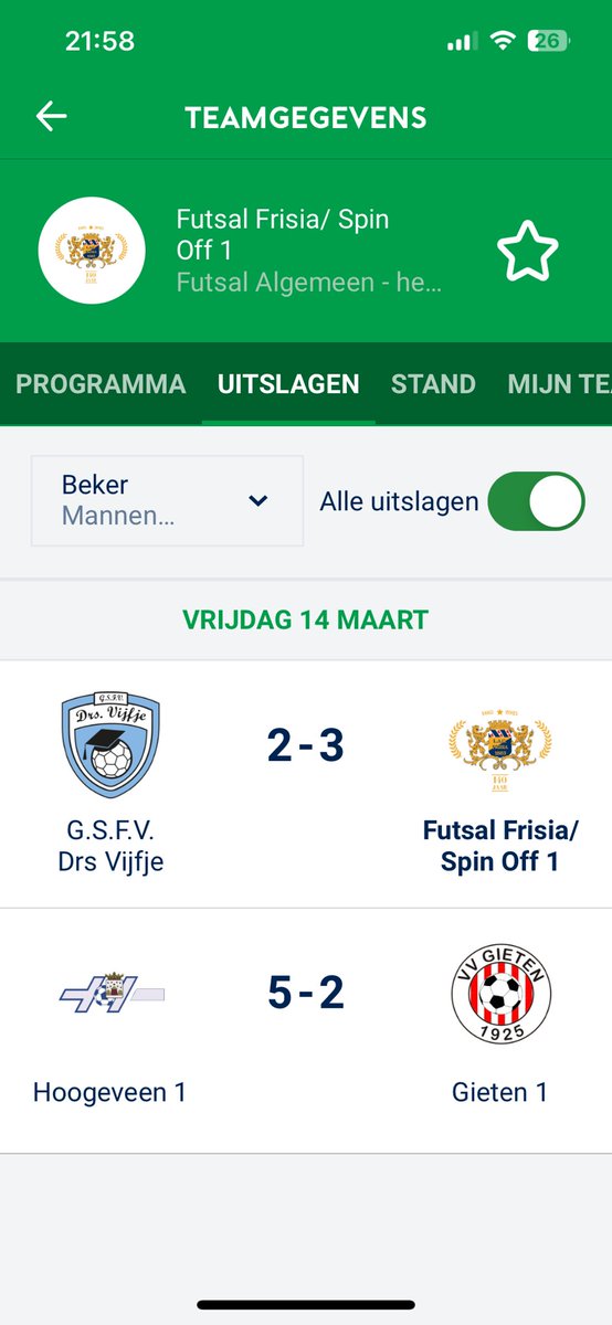Futsal Frisia 1 heeft vanavond de finale van de Noordelijke beker behaald. In Groningen werd Drs. Vijfje met 2-3 verslagen. Knappe prestatie, voor het 2e seizoen op rij de finale gehaald. Deze finale zal op vrijdagavond 4 april gespeeld worden in Vries. Proficiat mannen!