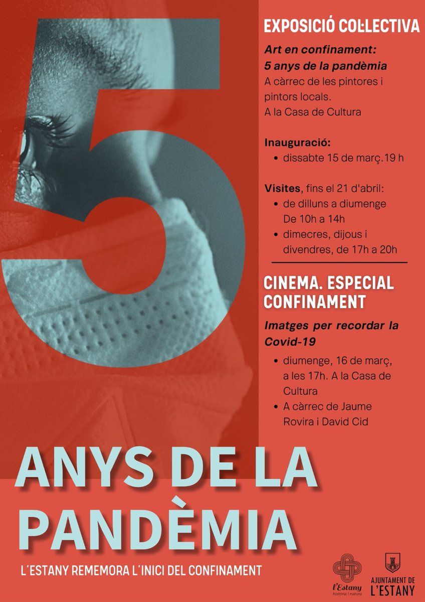 Viu l'Estany (@viulestany) on Twitter photo 👉 5 anys de la pandèmia. L'Estany rememora l'inici del confinament
 🎨 Exposició col·lectiva de pintura
 🥂 Inauguració: 🗓 Dissabte, 15 de març, a les 19h, a la Casa de Cultura
📽 Diumenge cinema a l'Estany. 17h Especial confinament
#moianès 👉 5 anys de la pandèmia. L'Estany rememora l'inici del confinament
 🎨 Exposició col·lectiva de pintura
 🥂 Inauguració: 🗓 Dissabte, 15 de març, a les 19h, a la Casa de Cultura
📽 Diumenge cinema a l'Estany. 17h Especial confinament
#moianès