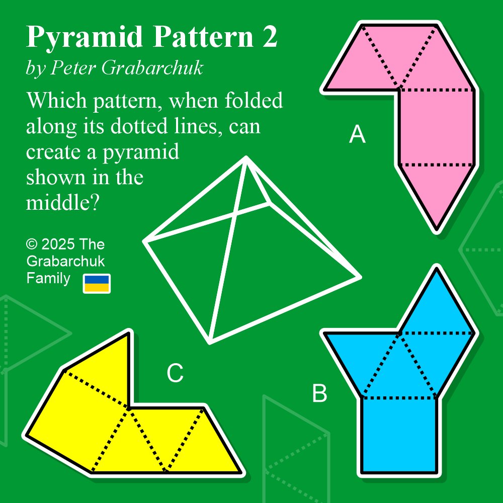 PuzzleMove's tweet photo. Pyramid Pattern 2 (by Peter Grabarchuk). Which pattern, when folded along its dotted lines, can create a pyramid shown in the middle?
#PyramidPattern #Grabarchuk #puzzle #3Dpuzzle #pyramidpuzzle #geometrypuzzle #foldpuzzle #brainteaser #solve #challenge #think #SupportUkraine 🇺🇦 https://t.co/MDqwEue9vx