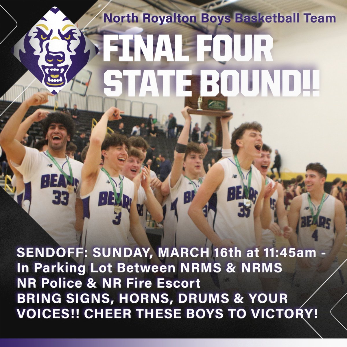 Our NR Boys Basketball Team is FINAL FOUR BOUND for the first time ever! Let’s give them a legendary sendoff before their State Semi-Final Game
📅 Sun, March 16 @ 11:45 AM
📍 Parking Lot Between NRHS &amp; NRMS
🚓🚒 NR Police &amp; Fire Escort
BRING SIGNS, HORNS, DRUMS &amp; YOUR LOUDNESS!