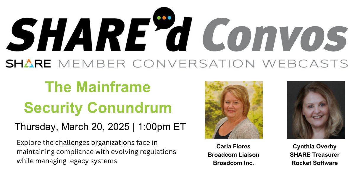 Rocket's tweet photo. Mainframe security is changing in the face of evolving threats and regulations. Learn how to maintain compliance during SHARE’s upcoming webinar with our director of security, Cynthia Overby, and Broadcom cybersecurity advisor, Clara Flores. Register here: https://t.co/CyUSuMFmdp https://t.co/rUTgeIWwuX