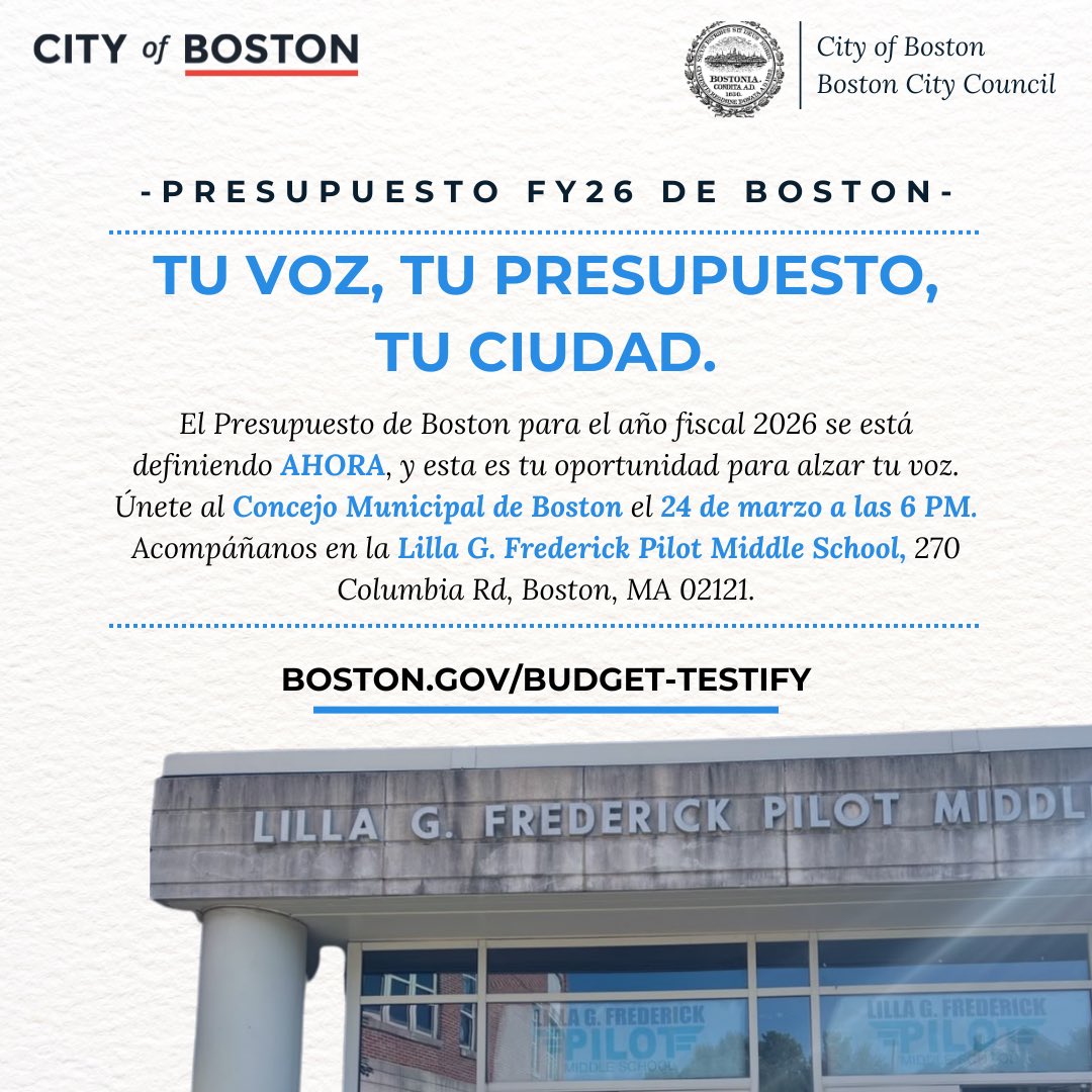 The Boston City Council is hitting the road for the FY26 Budget Public Testimony, and we’re coming straight to your community! Boston’s FY26 Budget is being shaped NOW, and this is your chance to speak up! Let us know what matters most to YOU and your neighborhood.