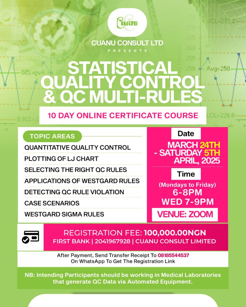 cuanuresources's tweet image. reliable, reproducible, and high-quality test results. The Healthcare Sector depends on your accuracy—let’s ensure we get it right!  

📌 Register now and elevate your laboratory’s quality standards. 

wa.me/p/897405161602…

#StatisticalQualityControl 
#LeveyJenningsChart