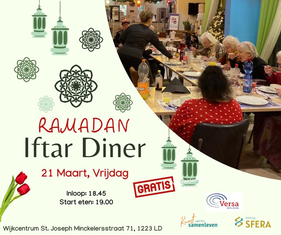Hartelijk welkom in wijkcentrumStJoseph  de IFTAR  #ratatouille  21 Maart speciaal!  Ook vega -  Let op: 18:45u inloop -19u samen aan tafel de vasten-dag verbreken.wel graag aanmelden ! .  #komerbij  #sociaalwerk #hilversum #gooischverband