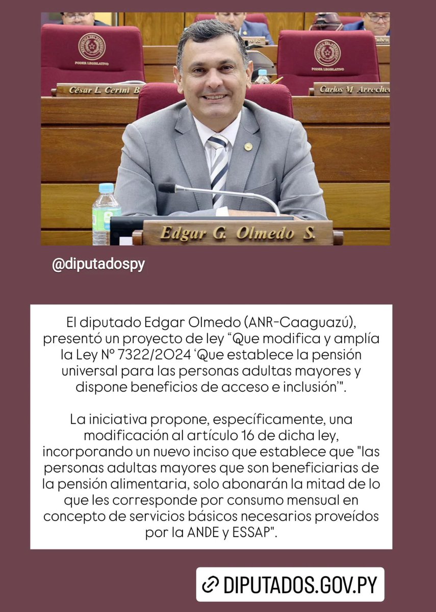 El componente social de este proyecto de ley busca mejorar la calidad de vida de nuestros adultos mayores en situación de vulnerabilidad 🇵🇾🇵🇾🇵🇾