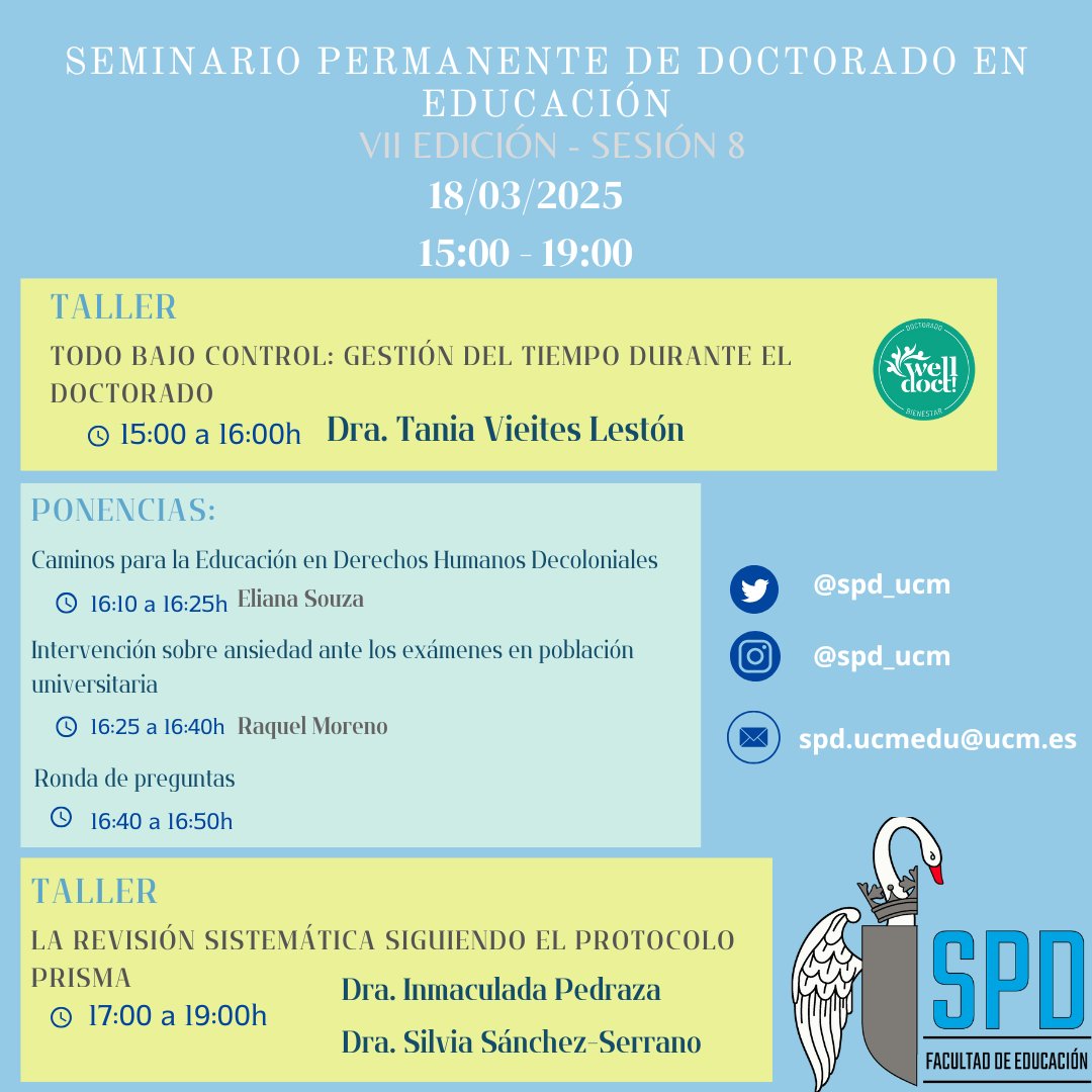 🗣️ 8º Sesión del Seminario Permanente de Doctorado en Educación
📅 18/03/2025 | 15:00 - 19:00
📍 Aula 2501
¡No te lo pierdas!