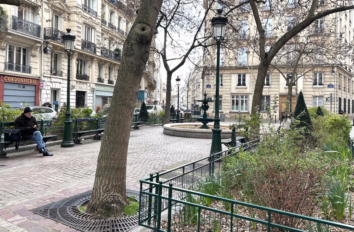 🌳POUVU QUE ÇA DURE Non loin de la Contrescarpe, la place de l’Estrapade, qui jouit d’un prestige international depuis la série «Emily in Paris», se tient encore à peu près, grilles aux pieds des polownias, parterres végétaux et fleurs protégés par des grilles, entretien correct.