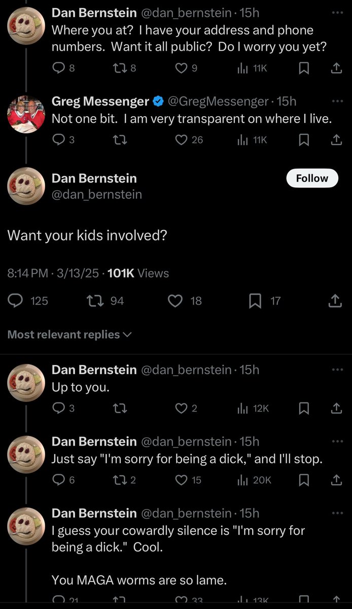 robbystarbuck's tweet photo. This escalated quickly. Anti-MAGA Sports radio host @dan_bernstein threatens an X user and their kids because of a literal fish disagreement.

He hosts a show for @670TheScore which is owned by @Audacy. Do they stand behind this? https://t.co/aw42WlwmuW