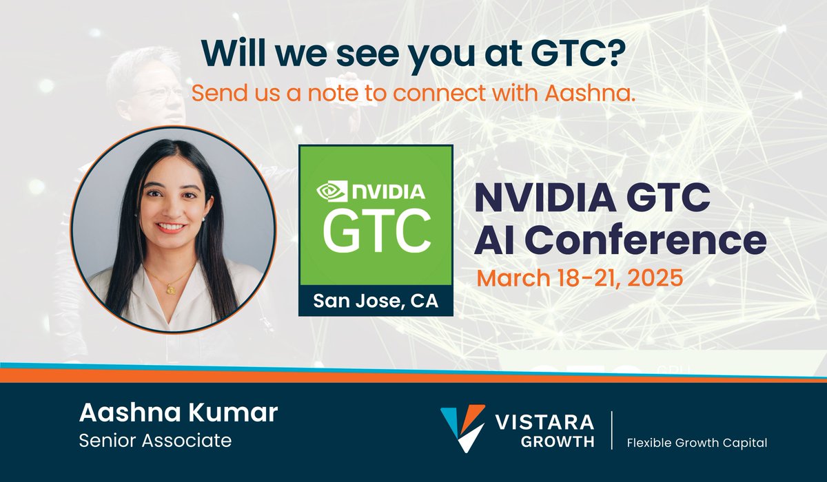 Vistara Growth (@vistaragrowth) on Twitter photo We will be in San Jose next week for the <a href="/NVIDIAGTC/">NVIDIA GTC</a> #AI Conference. If you're interested in connecting, send us a message or reach out to <a href="/aashnaskumar/">Aashna Kumar</a>, who will be attending! #GTC25
Event Info: lnkd.in/g_baWc9 We will be in San Jose next week for the <a href="/NVIDIAGTC/">NVIDIA GTC</a> #AI Conference. If you're interested in connecting, send us a message or reach out to <a href="/aashnaskumar/">Aashna Kumar</a>, who will be attending! #GTC25
Event Info: lnkd.in/g_baWc9
