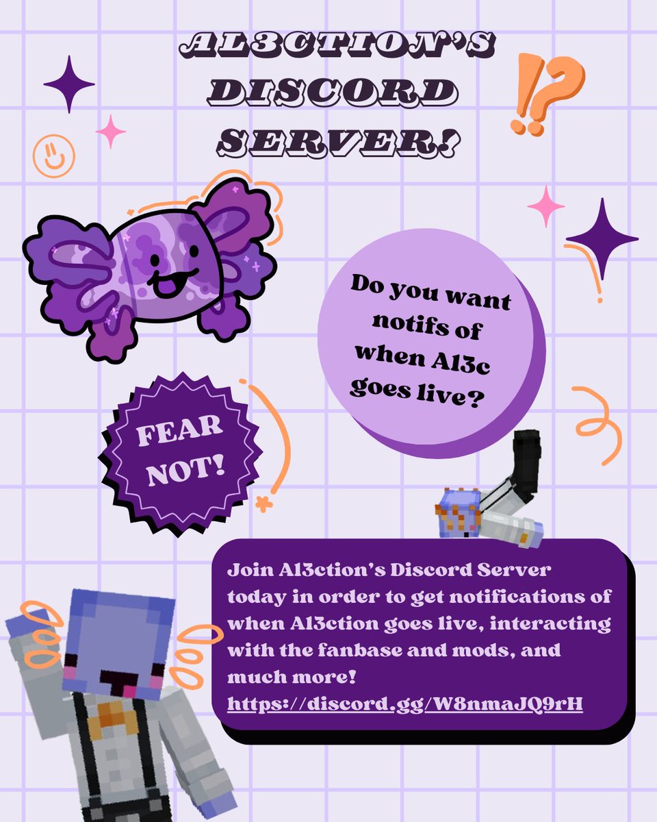 al3ction's tweet photo. Wanna join a discord server and support a small streamer while doing so? Have no fear, al3ctions axolotl cave is here!! Join the server and get to know our small but wonderful community!! https://t.co/9wtPgIh66j https://t.co/wvnRdEbmxH