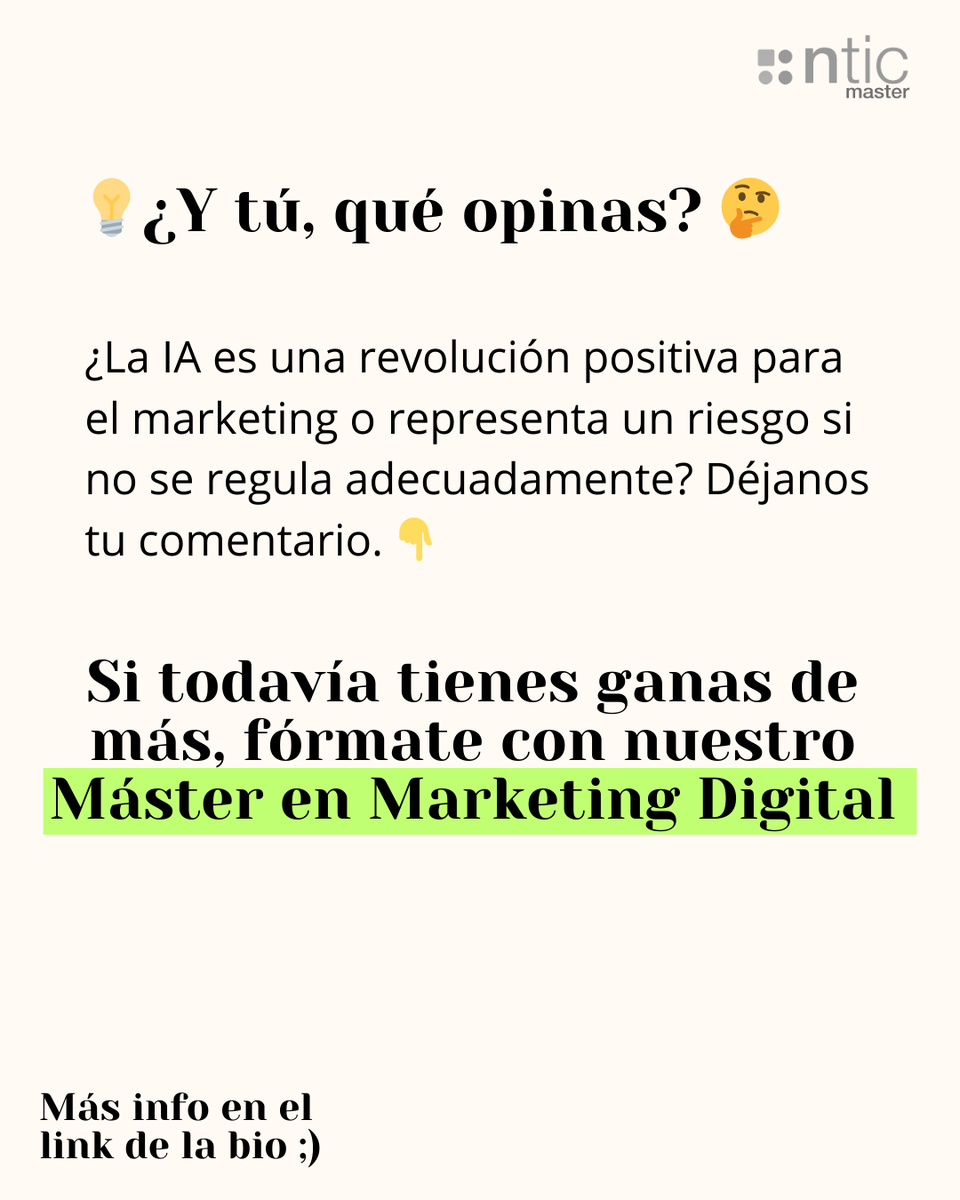 La inteligencia artificial nos abre nuevas oportunidades, pero también plantea retos importantes: dependencia tecnológica, privacidad y la propagación de deepfakes. 

Apúntate a nuestro Máster en Marketing Digital y descubre un mundo diferente de abordar la tecnología.