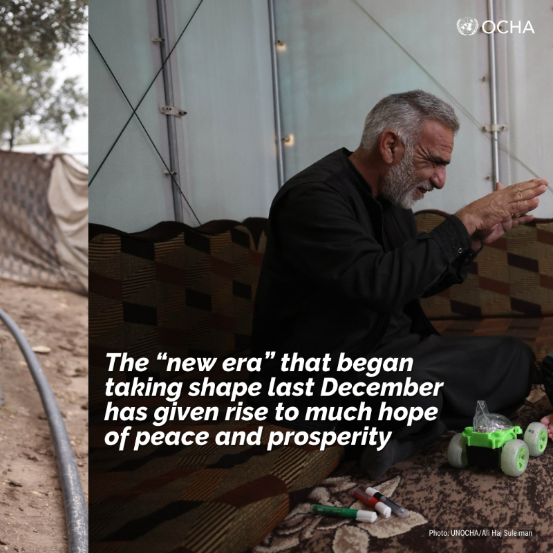 UNOCHA's tweet photo. ⚠️ The people of #Syria have endured 14 years of conflict.

The transition that began in December brings much awaited hope and has allowed humanitarians to expand aid.

But, with the current state of funding, vital efforts are at risk. The international community must step up. ⏬