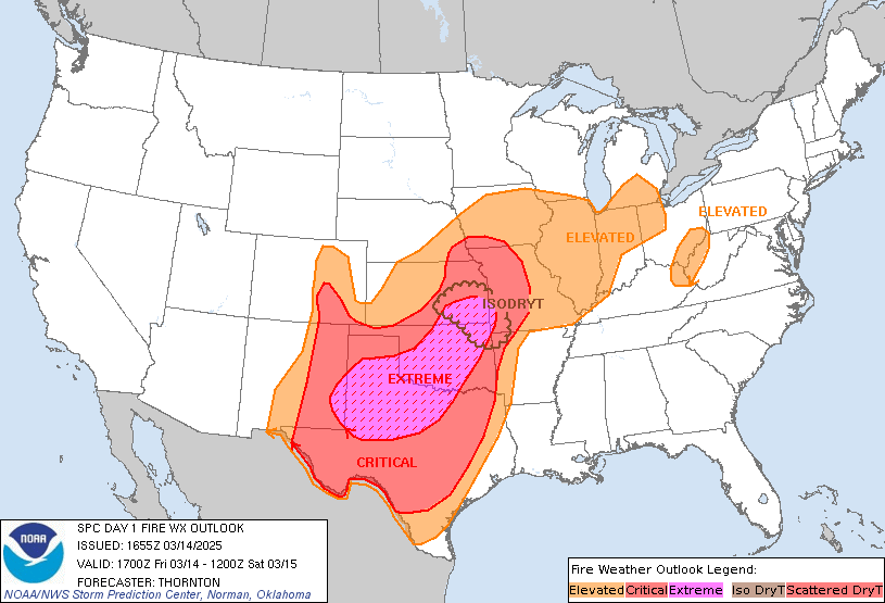 NWSSPC's tweet photo. 11:56am CDT #SPC Day1 #FireWX Extremely Critical: portions of the southern plains https://t.co/Sz3kci5ng7 https://t.co/x0HzIElbk5