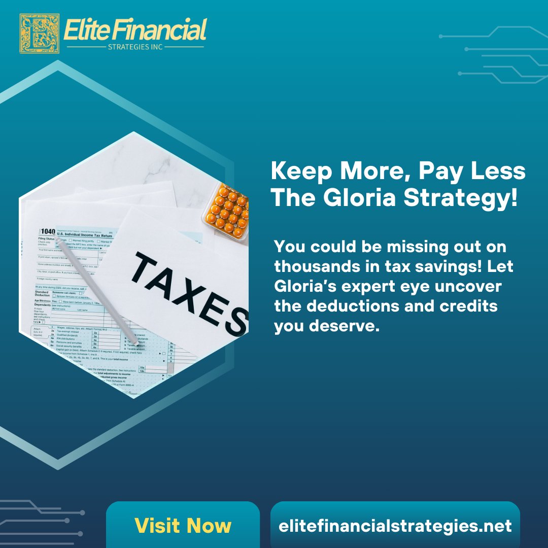 Top_tier_taxes's tweet image. Keep More, Pay Less – The Gloria Strategy! || You could be missing out on thousands in tax savings! Let Gloria’s expert eye uncover the deductions and credits you deserve.

Visit :- elitefinancialstrategies.net

#TaxSavings #MaximizeDeductions #GloriaCPA #EliteFinancial
