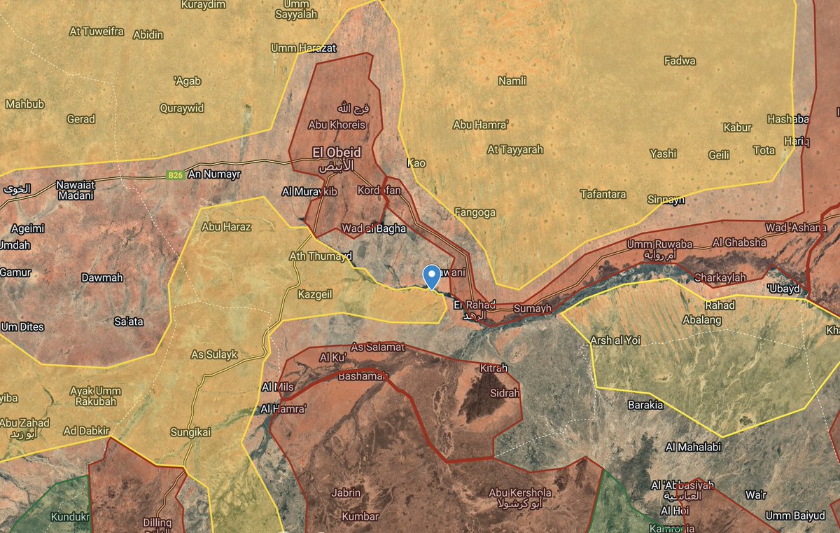 TLDRMap's tweet image. The RSF also entered the nearby town of al-Hageina al-Jalabah. Although there are SAF soldiers in er-Rahad, anti-RSF operations are limited to the Kordofan highway and other essential infrastructure.