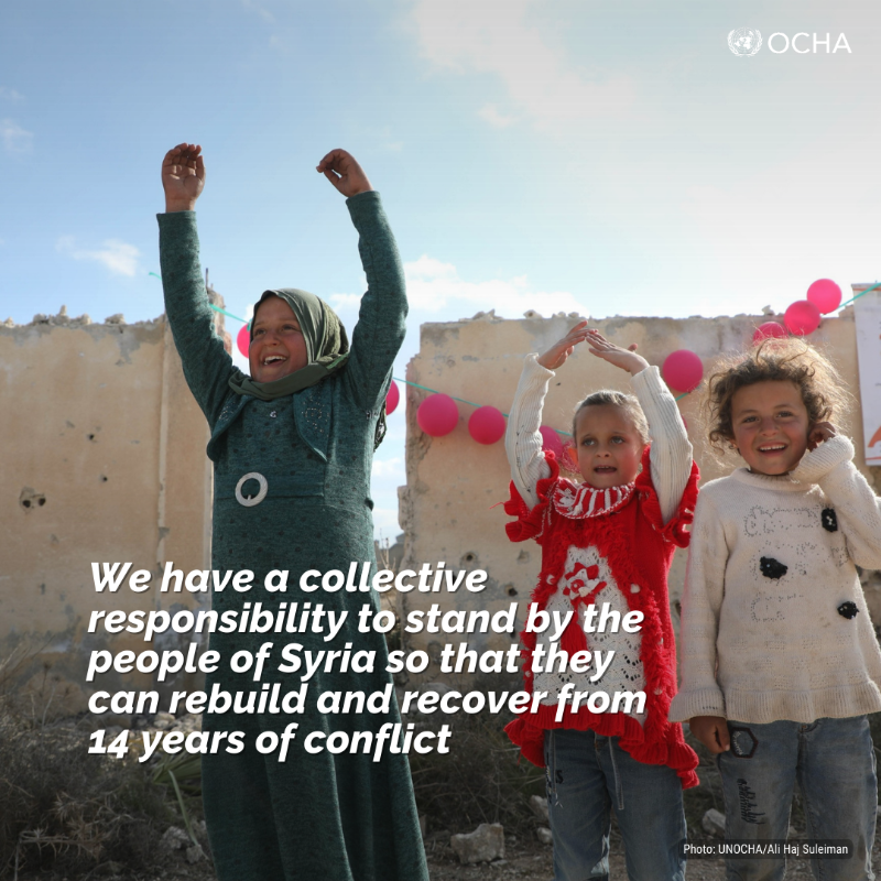 UNOCHA's tweet photo. ⚠️ The people of #Syria have endured 14 years of conflict.

The transition that began in December brings much awaited hope and has allowed humanitarians to expand aid.

But, with the current state of funding, vital efforts are at risk. The international community must step up. ⏬