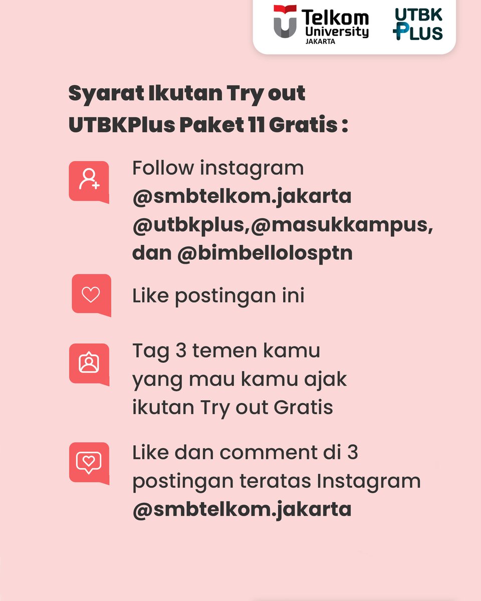 utbkplus's tweet photo. 🌠TO UTBKPLUS PAKET 11 x Telkom JKT🌠
GLADS KABAR GEMBIRAA! TO GRATIS UTBK PLUS hadir kembaliii Gladsss! yukkk buruaaan daftar sebelum ketinggalan lagiii! catat tanggalnya dan segera kerjakan yaaa!🤓🤓🤓
#SNBT #masukkampus #kelas12 #togratis https://t.co/j71nfy38xS