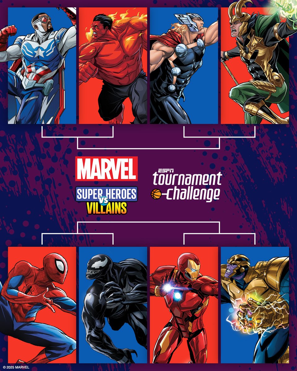 Marvel's tweet photo. Who are you picking to win it all? Join the official Marvel Super Heroes VS Villains group in @ESPN’s Tournament Challenge and see how far your bracket goes: https://t.co/mjTUJ23B82 https://t.co/3WnmE75uFZ