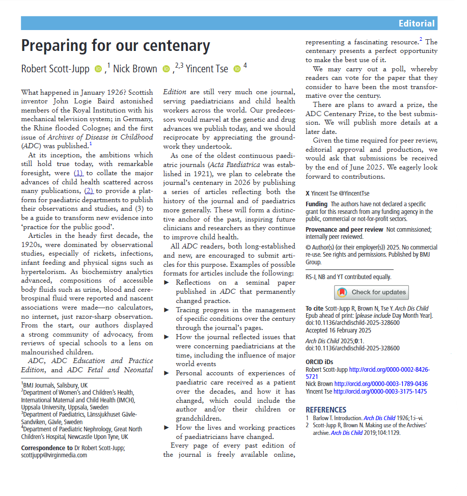 Editorial: Preparing for centenary of Archives of Disease in Childhood 1926-2026
Welcoming articles celebrating the history of child health
adc.bmj.com/content/early/…