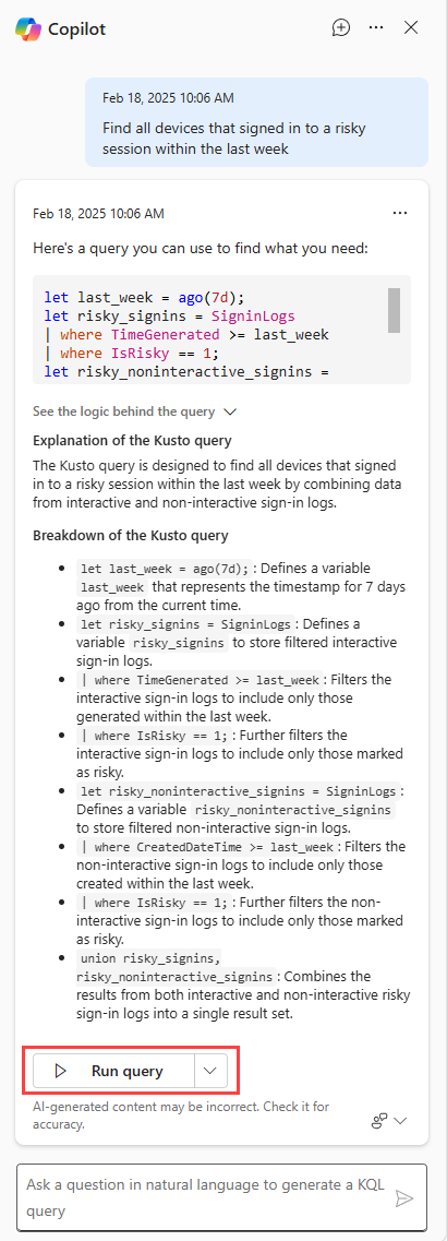 MsftSecIntel's tweet photo. Selecting "See the logic behind the query" shows an explanation of the KQL query &amp; a breakdown of what each line in the query means. Seeing the logic behind the generated query offers an opportunity for hunters who are not experts yet to better understand KQL. https://t.co/5lF28ueoj7