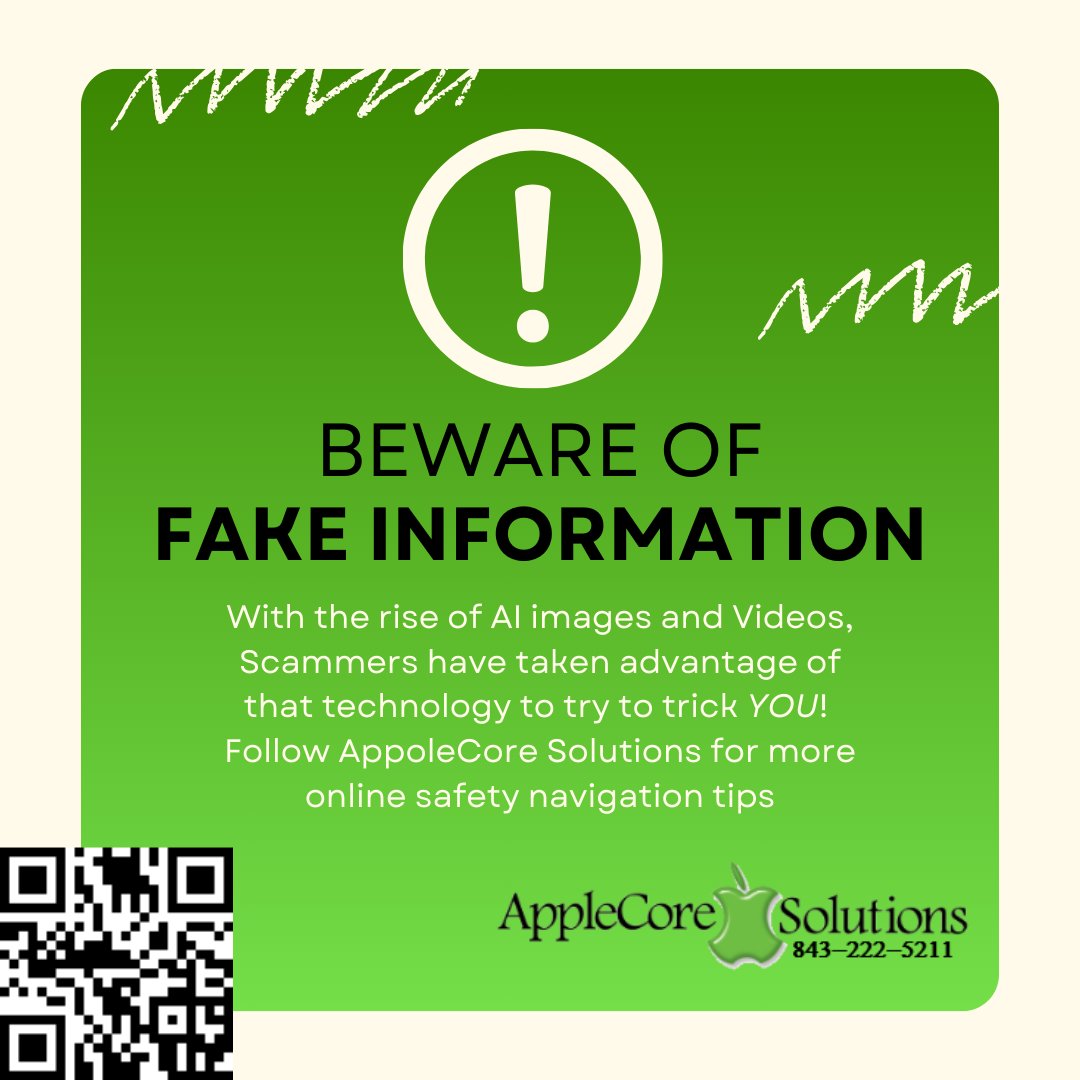 ApplecoreSam's tweet image. Stay sharp online! 🚨✨ AppleCore Solutions shares tips to spot false info or AI-generated images:
1️⃣ Check the source—is it credible?
2️⃣ Look for odd details or inconsistencies.
3️⃣ Reverse image search to verify authenticity.
🛡️📱 #AppleCoreSolutions #StaySafeOnline