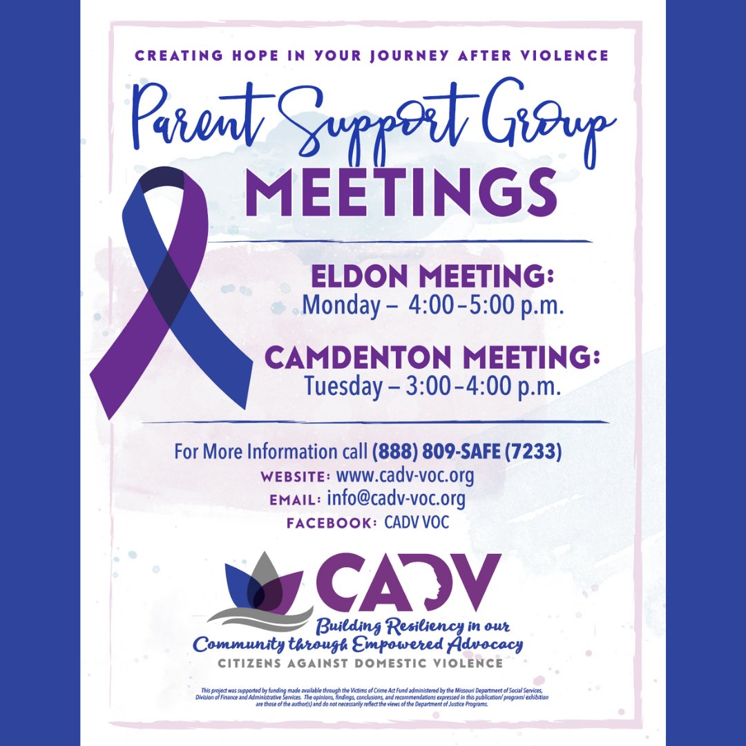 CADVVOC's tweet image. Our Parent Support Group meets weekly in Eldon on Mondays from 4-5 pm, and in Camdenton on Tuesdays from 3-5 pm. 📲Please call 888-809-7233 for additional details.

#ParentSupportGroup #HopeAfterViolence #EldonMissouri #CamdentonMissouri #MidMissouri
