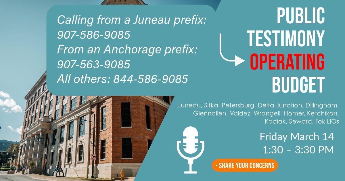 🚨 Public Testimony Alert for Juneau, Dillingham, Valdez, and others 🚨 Share your thoughts on Alaska's operating budget with the House Finance Committee today at 1:30 pm.

Visit your LIO or call (844) 586-9085 by 3 pm to be heard. In Juneau? Call (907) 586-9085 #akleg