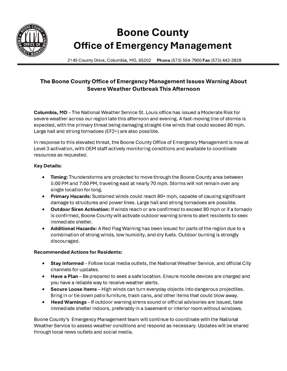The NWS has placed our area under a Moderate Risk for severe storms this afternoon &amp; evening. Expect possible 80+ mph winds, large hail, &amp; tornadoes (EF2+). Boone County OEM is at Level 3 &amp; will sound sirens if needed. Stay updated, secure loose items, and be ready to shelter.