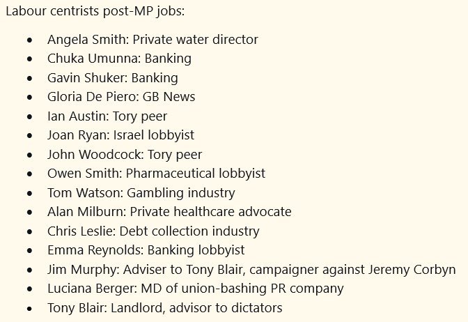 If you ever wonder what motivates “centrist” MPs into backing policies that favour corporations at the expense of the vast majority of people, just look at the jobs they do when they leave politics