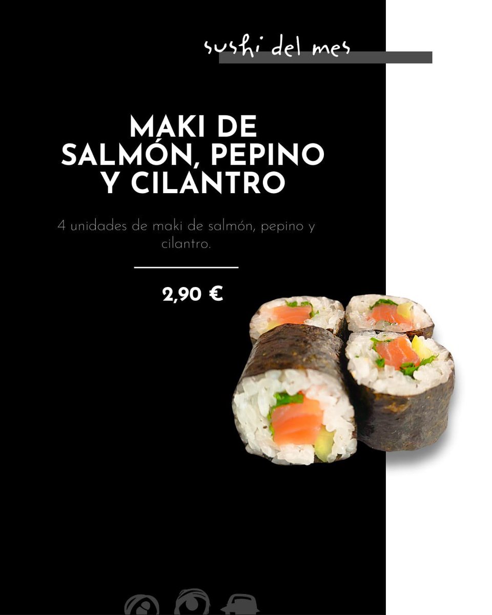 ¡Al mal tiempo, buena cara! 😊
Te presentamos nuestro nuevo sushi del mes de marzo. Unos irresistibles makis frescos y crujientes 🤤
 
🥢 4 unidades de maki 🥢
🐟 salmón
🥒 pepino
🍃 cilantro

Ya disponible por tan sólo 2,90€ 😱 

Pide YA en 📲 sintenedor.es