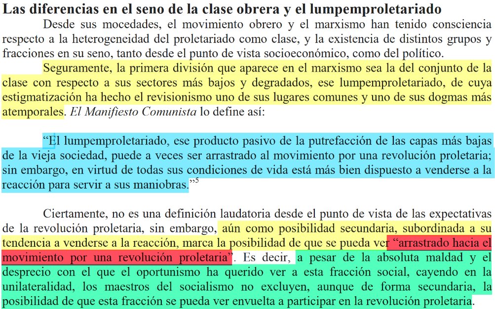 Shapuval151136's tweet image. Esto era lógico escribirlo en la época de Marx y Engels, en que el proletariado todavía estaba conformándose como clase en sí y el lumpen podía suponer un elemento disgregador sobre cuya tendencia a la reacción era necesario advertir.