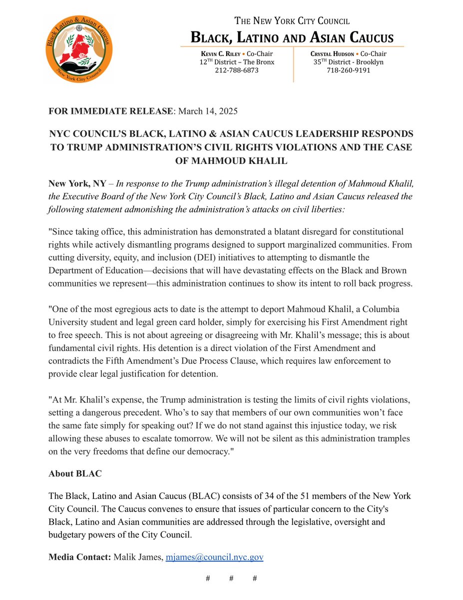 🚨 NEW: BLAC Executive Board statement on the Trump Administration's civil rights violations and the case of Mahmoud Khalil.

"At Mr. Khalil’s expense, the Trump administration is testing the limits of civil rights violations, setting a dangerous precedent." 🔗⤵️