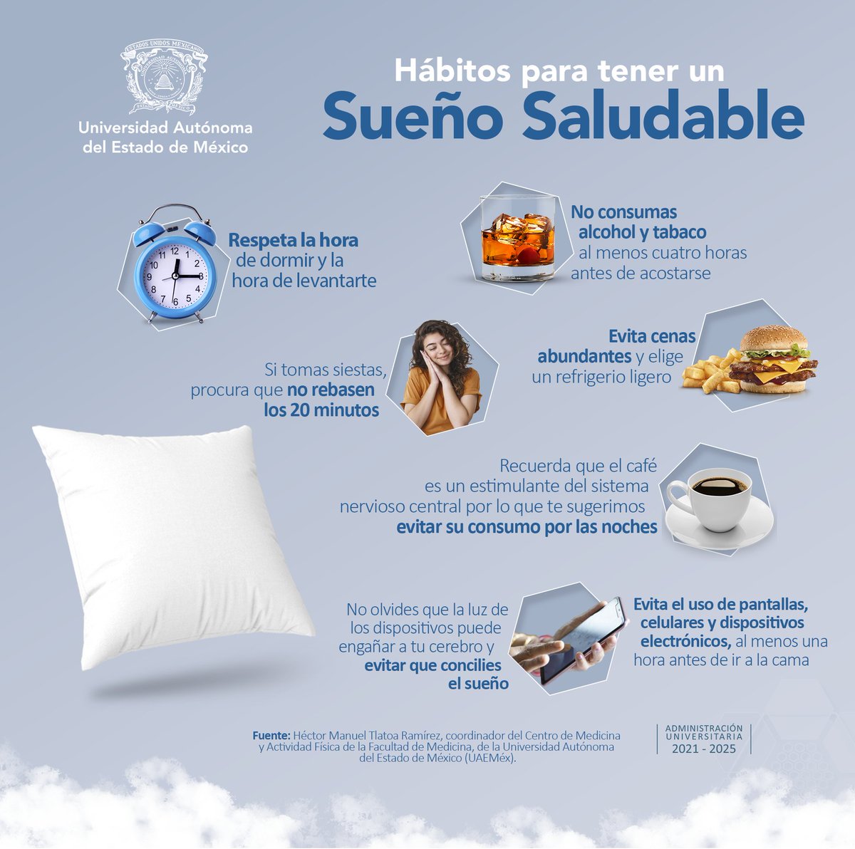 En el Día Mundial del Sueño, recordemos que un descanso de calidad es clave para nuestra salud física y mental. Te compartimos algunos tips para tener un sueño reparador. 
#SomosUAEMéx 💛💚