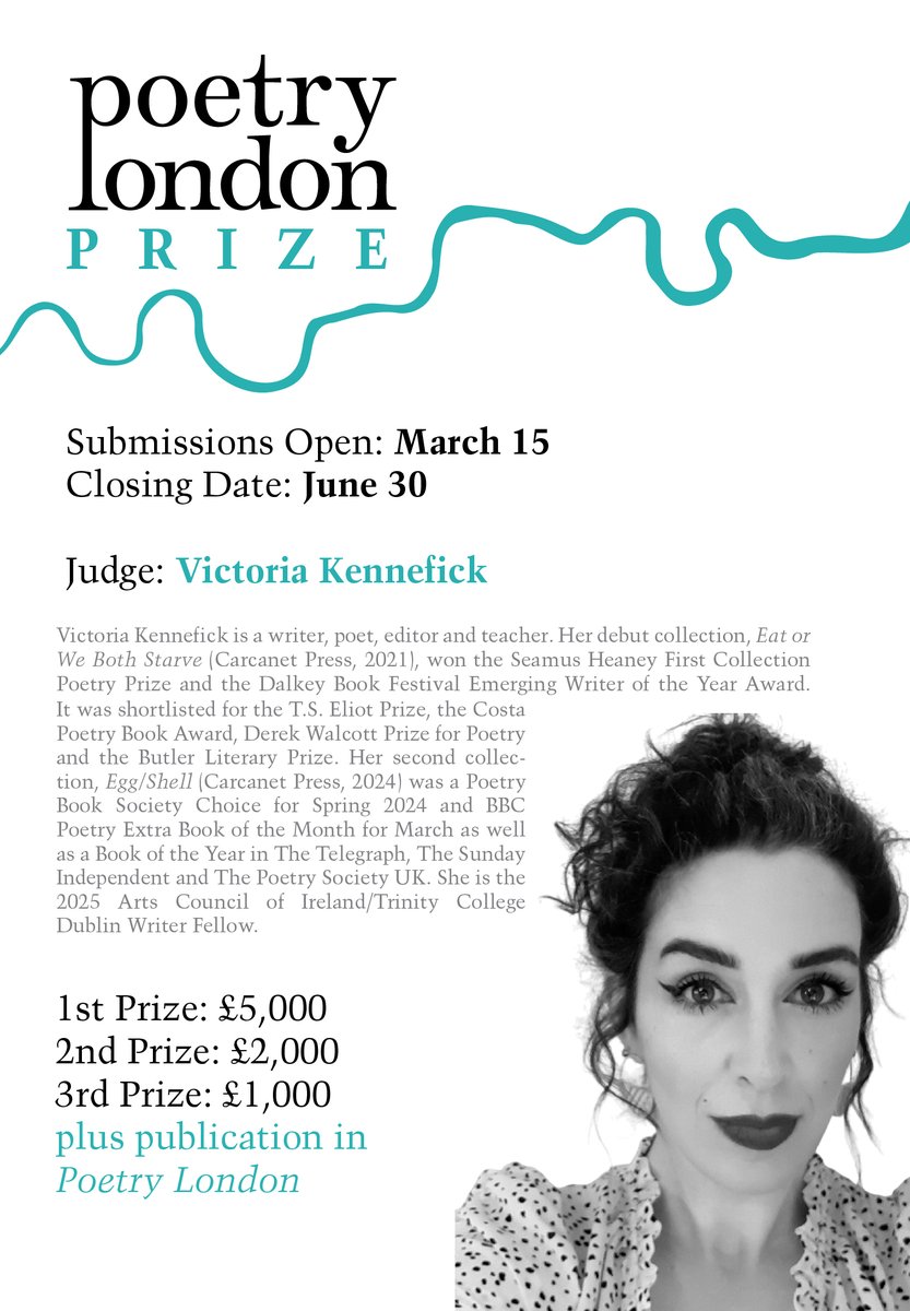 Poetry London (@poetry_london) on Twitter photo Announcement: the 2025 Poetry London Prize is now open for entries. This year's judge is the brilliant <a href="/VKennefick/">Dr Victoria Kennefick (She/Her)🍉</a>!
The prize is open to poets anywhere in the world. Find out more and enter at poetrylondon.co.uk/prize/ Announcement: the 2025 Poetry London Prize is now open for entries. This year's judge is the brilliant <a href="/VKennefick/">Dr Victoria Kennefick (She/Her)🍉</a>!
The prize is open to poets anywhere in the world. Find out more and enter at poetrylondon.co.uk/prize/