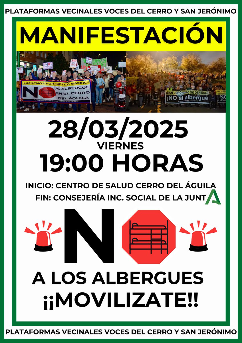 ¡MANIFESTACIÓN!    

Convocamos manifestación junto a San Jerónimo para el próximo 28 de marzo de 2025 a las 19:00 h. 
 
📍 Inicio: Centro de Salud del Cerro  
 📷 Final: <a href="/IgualdadAND/">Inclusión Social, Juventud, Familias e Igualdad</a> de la <a href="/AndaluciaJunta/">Junta de Andalucía</a> 

¡LUCHA POR TU BARRIO!
 
<a href="/Ayto_Sevilla/">Ayuntamiento de Sevilla</a> <a href="/PPdeSevilla/">PP de Sevilla</a> <a href="/VOX_SevCapital/">VOX Sevilla capital</a>