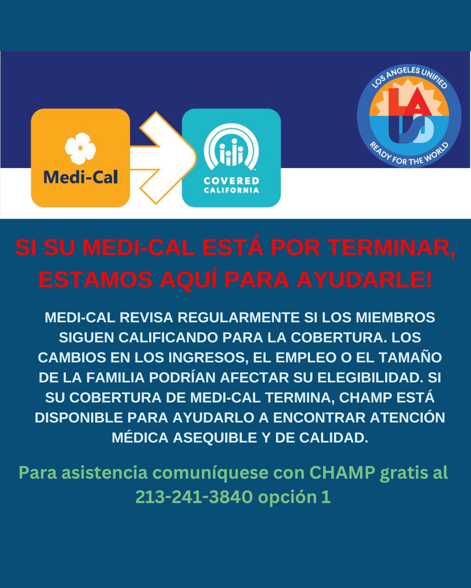 Give CHAMP a call for health insurance assistance at no cost to you at 213-241-3840 option 1
Llame a CHAMP para obtener asistencia con su seguro médico sin costo alguno al: 213-241-3840 opción 1