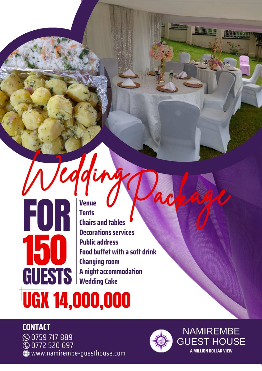 Dear Singles, here is an a great opportunity. Namirembe Guest House. <a href="/NamirembeGuest/">Namirembe Guest House</a> is here for you with a Wedding Package. Grabe it before it expires. #WeddingPackage2025. #NamirembeGuestHouse 
<a href="/TaremwaDidmas/">Taremwa Didmas</a> here is the opportunity for yo.